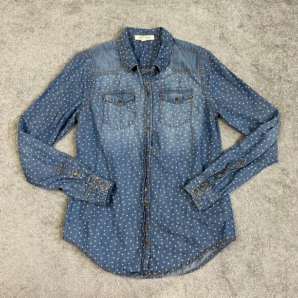 Life in Progress Women’s Small Blue Denim Polka Dot Button Down Shirt Top - Picture 1 of 5